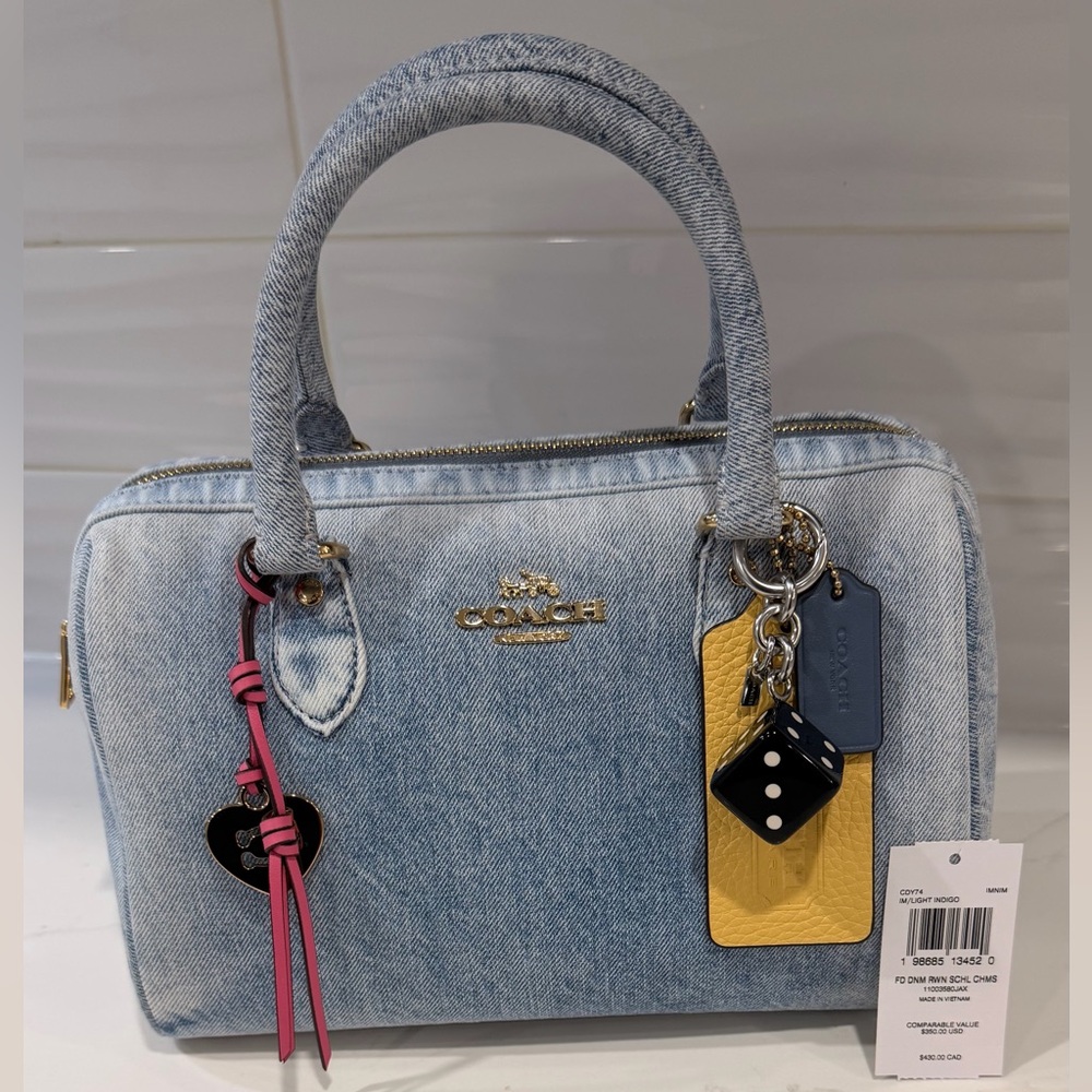 NWT Coach Medium Rowan Satchel Bag In Loved Denim With Charms CDY75